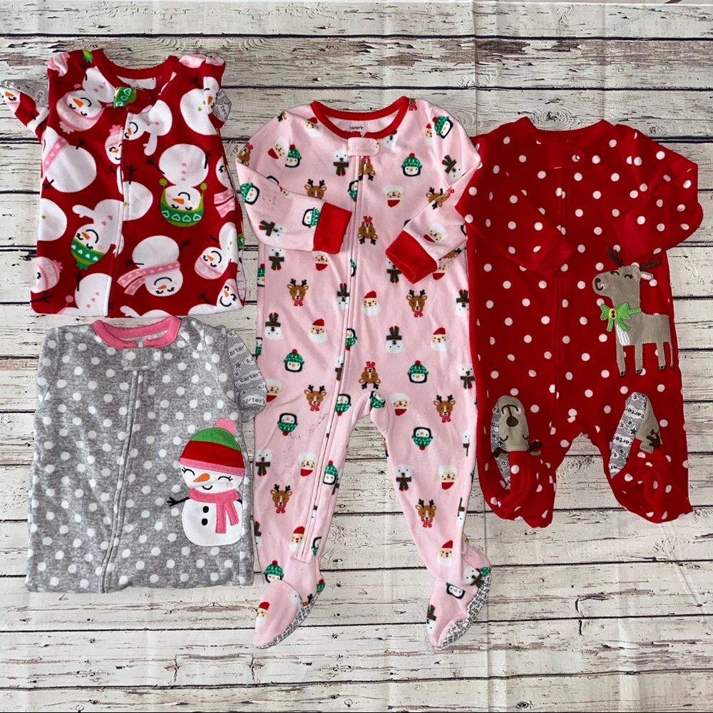 4 Christmas Holiday Fleece Zip Footie Pajamas